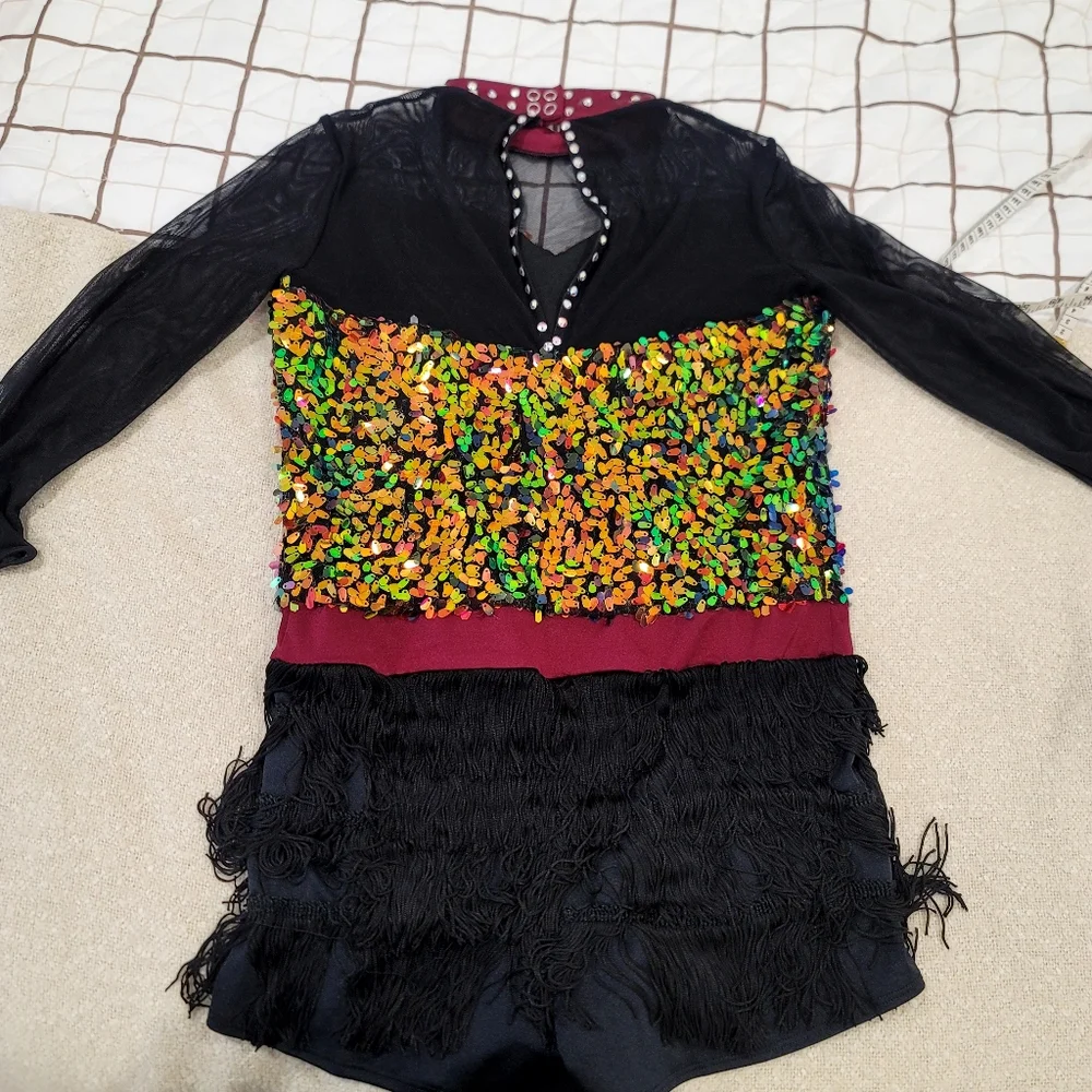 Weissman Sequin Jazz Leotard XXLC  Custom Jewel Neck Fringe Costume  Showstopper